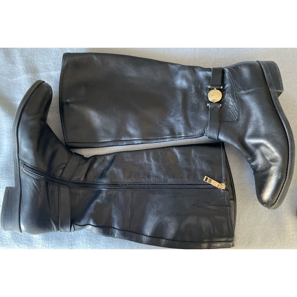 9M TOMMY HILFIGER Women's Dewberry Black Leather Riding Boot Gold Detail - Picture 4 of 13